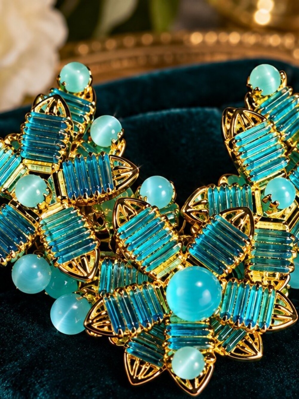 Vintage Eliza Sissi Brooch Aqua Cat Eye Glass Beads Gold Tone Statement Pin